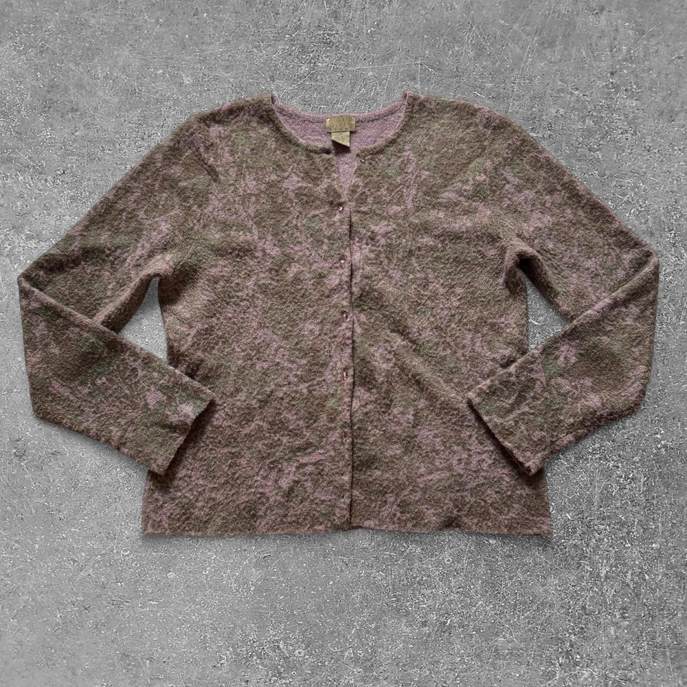 Sigrid Olsen Sport Purple Green Floral Cardigan Wool Blend 90s Vintage Womens M